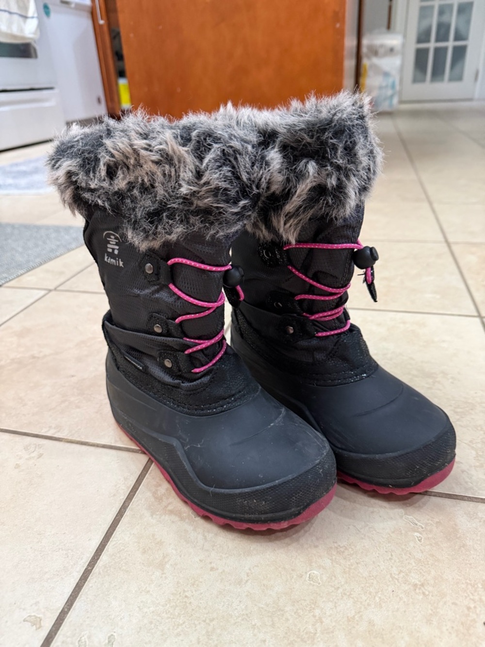 Kamik Black Winter Boots with Faux Fur Cuff and Pink Accents